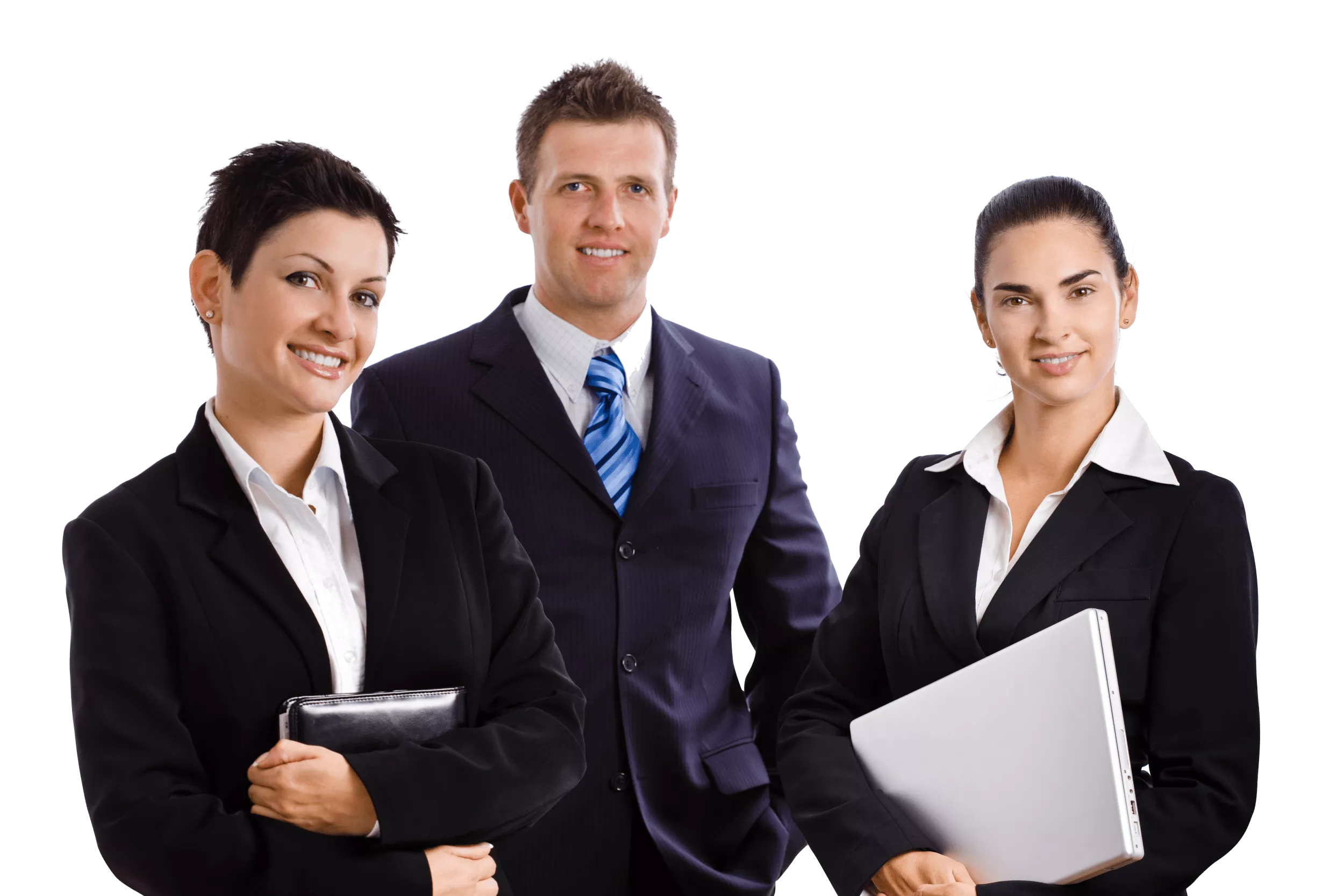 One male and two female office workers dressed in suits, undertaking a factual investigation